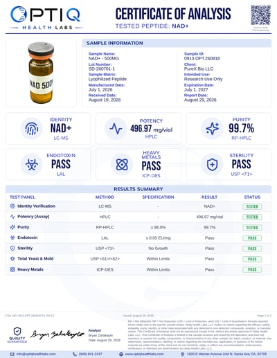 NAD+ 500mg 500 mg certificate of analysis