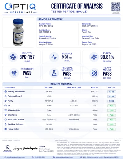 BPC-157 10 mg certificate of analysis