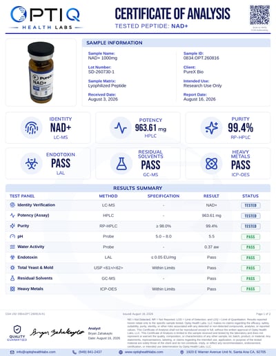 NAD+ 500mg 1000 mg certificate of analysis