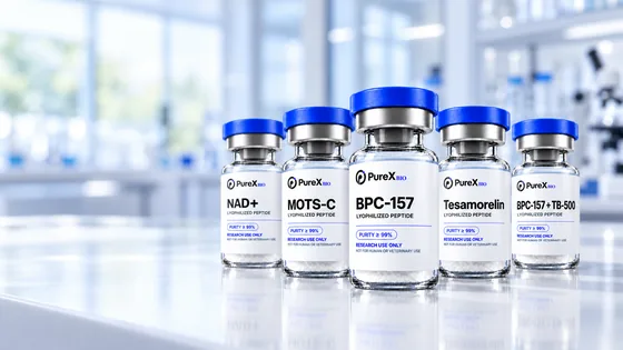 PureX Bio research peptide vials presented on a clean laboratory surface